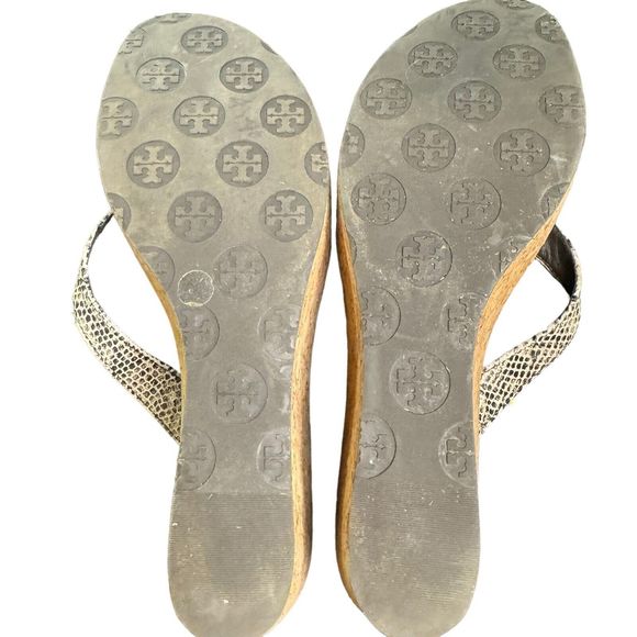 Tory Burch Thora Snakeskin Print Leather Cork Platform Wedge Flip Flops 9 M a14 - Picture 6 of 7